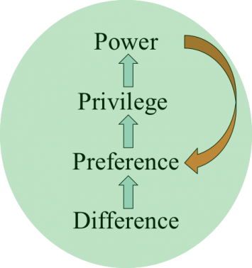 In this progression, power is used to reinforce the status quo and the preferences, norms, and structures that confer privilege and power (as represented by the orange feedback loop).  In this type of system, differences are minimized and oppressed.  We call this archetype success to the successful.
