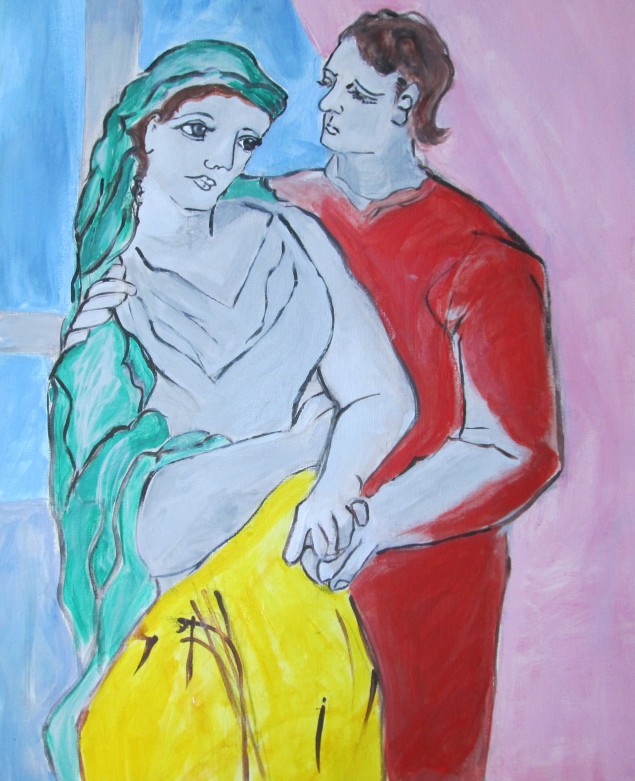 Picasso originally painted his Lovers so that the man was looking at the woman, but the woman was not looking back at the man. In my interpretation, I represented the female as strong and gazing back