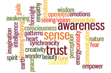 Figure 6. Word cloud of dimensions of the sixth sense of intuition and how it relates to a sense of wonder and hope in sustainability education. Size of words indicates amount of connection to other concepts and frequency in team ideation on this topic. Diagram original to this research. 